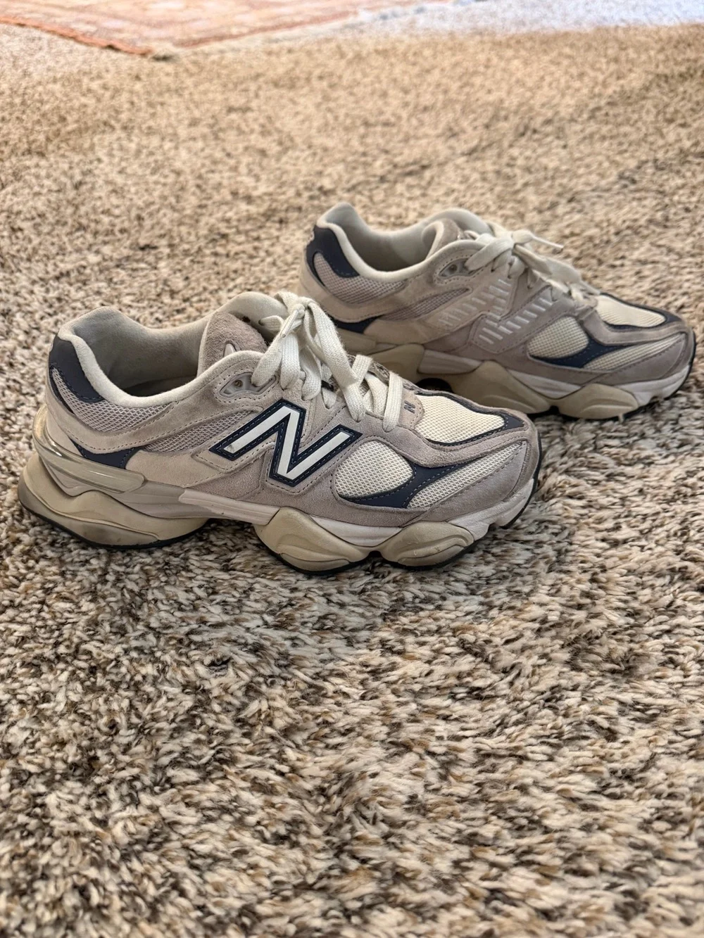 New Balance 9060 Cream Taupe Navy Suede Mesh Chunky Sneakers